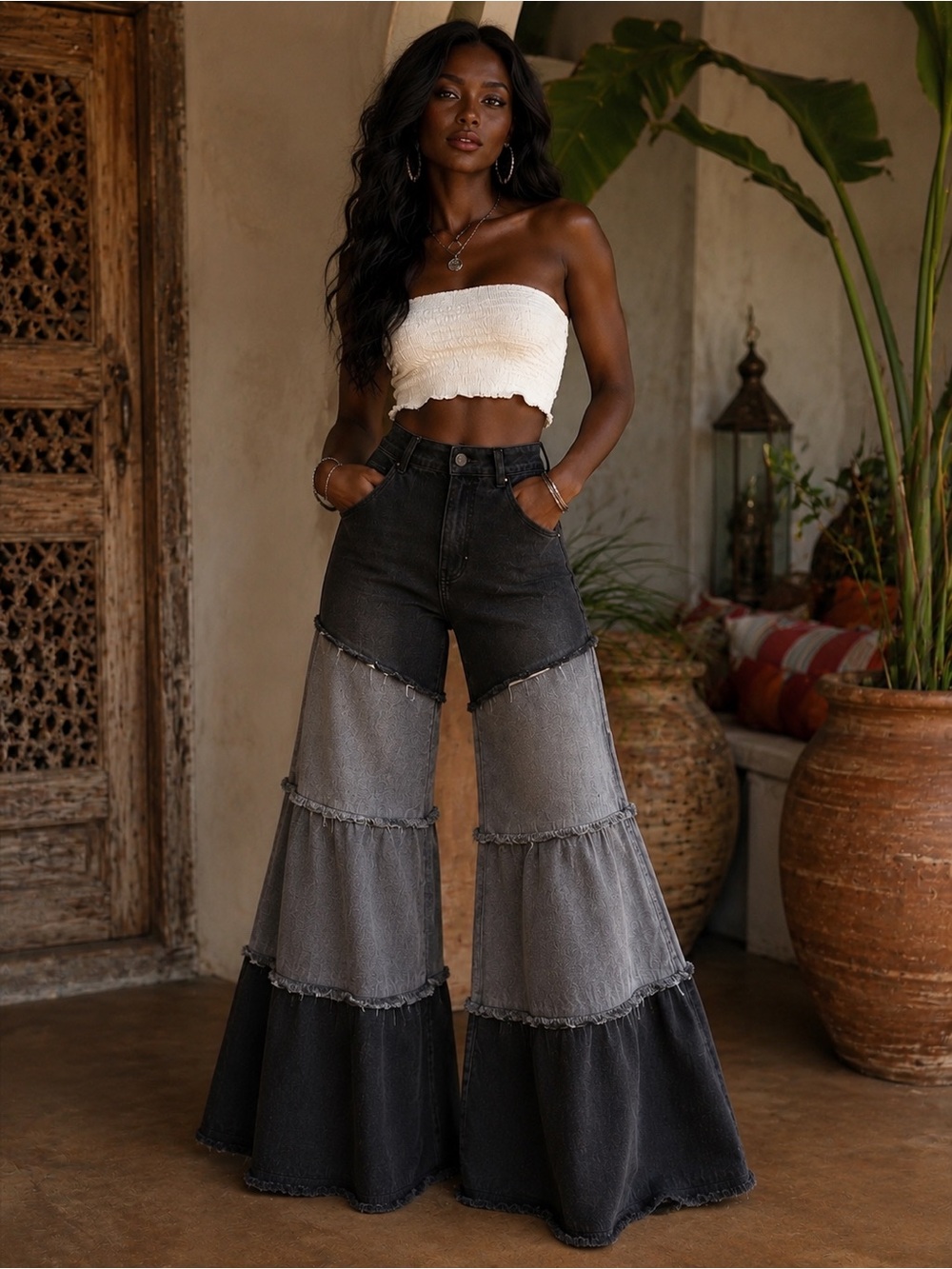Blue Velvet High-Waist Tiered Wide-Leg Jeans - Black Gray Colorblock